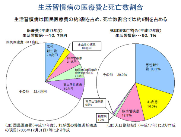 生活習慣病は医療費の３割を占め、死亡数の割合は６割