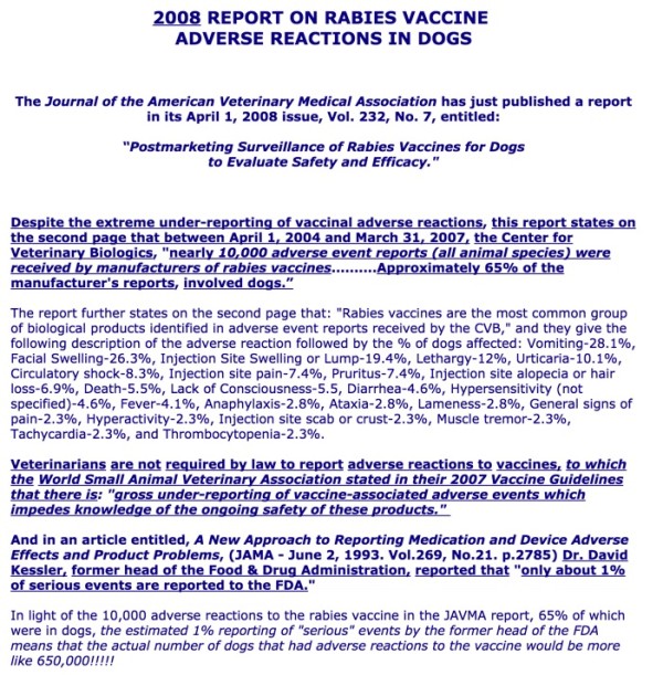 2008 REPORT ON RABIES VACCINE ADVERSE REACTIONS IN DOGS