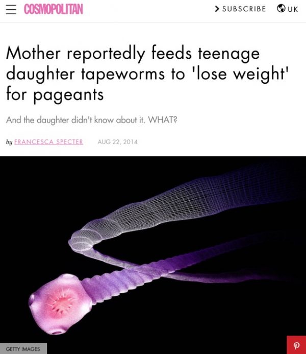娘のダイエットのために母親がサナダムシを食べさせていたニュース記事