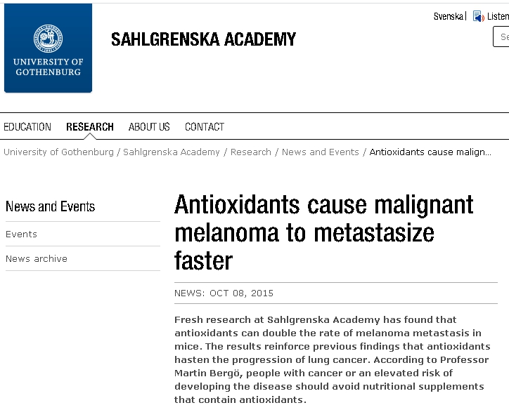 抗酸化作用のあるサプリメントは悪性黒色腫の転移リスクが2倍になるというスウェーデンの論文