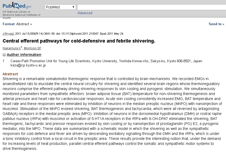 Central efferent pathways for cold-defensive and febrile shivering