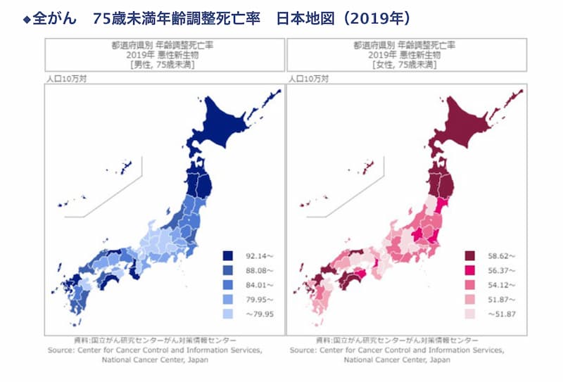 都道府県別全がん75歳未満年齢調整死亡率