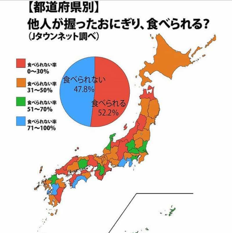 都道府県別他人が握ったおにぎりを食べられるか？