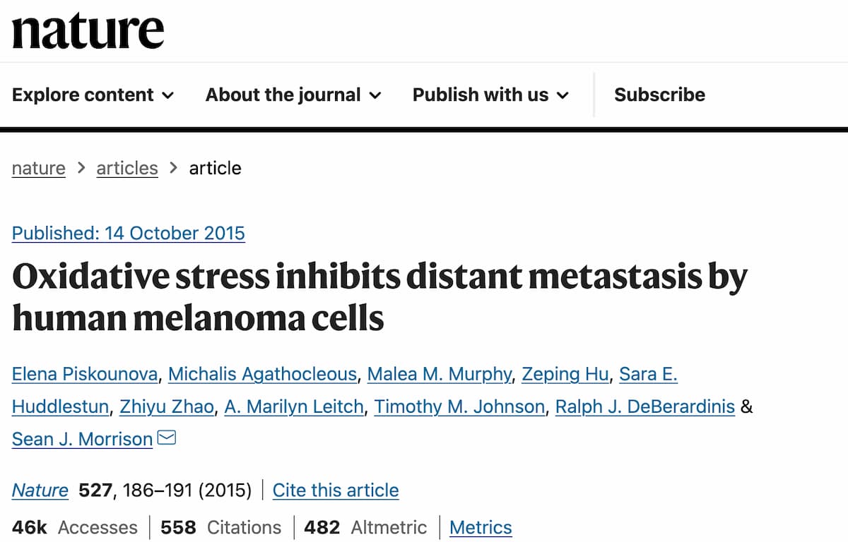 Nature「Oxidative stress inhibits distant metastasis by human melanoma cells」