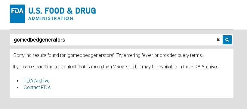 FDAのサイトで「gomedbedgenerators」で検索した結果